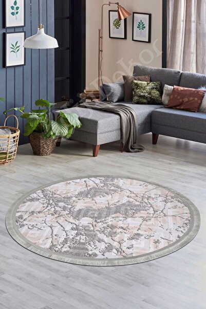 Dijidekor Halı Gri3 Cool Karo Saçaklı Yuvarlak Kesme Ince Yolluk Kilim Salon ...