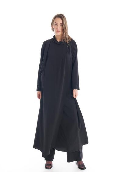 Kayra Black Embroidered Shawl Collar Clothing