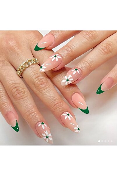 Alya Nail Studio Kadın Jel Nail Art Baskılı Yeşil Çiçek Papatya Design Badem ...