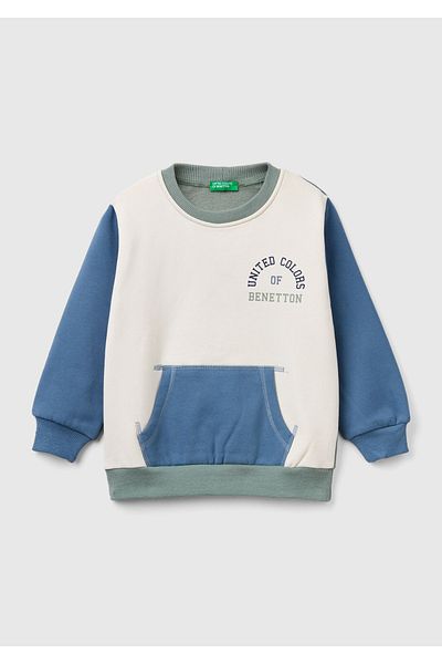 United Colors of Benetton Boy's Cream-Khaki Front Printed Regular Fit Crew Neck Ribbed Sweatshirt