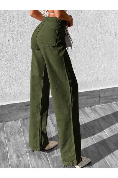 SHEVEGA Women's Khaki High Waist Linen Loose Leg Palazzo Pants