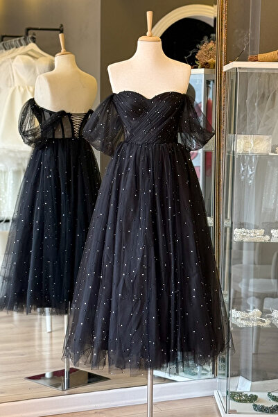 Lenta Moda Siyah İnci Ve Işıldayan Taşlı Midi Boy Drapeli Transparan Abiye ve Gece Elbisesi