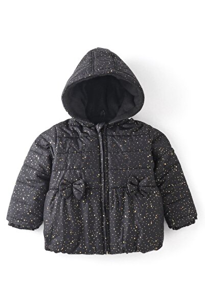 Babyhug جاكيت منسوج بأكمام كاملة مع غطاء للرأس وتطريز فيونكة - أسود