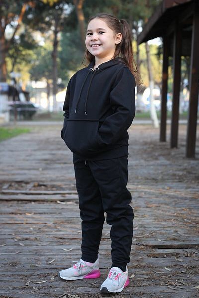 han elegant Κοριτσίστικη φόρμα μονόχρωμη 2 τεμαχίων με τσέπη καγκουρό με κουκούλα