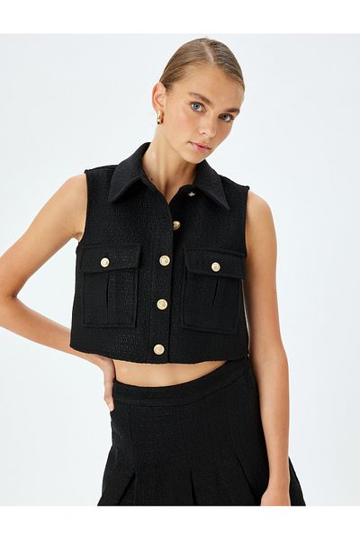 Koton Vestă din tweed crop fără mâneci cu buzunar acoperit cu nasturi aurii