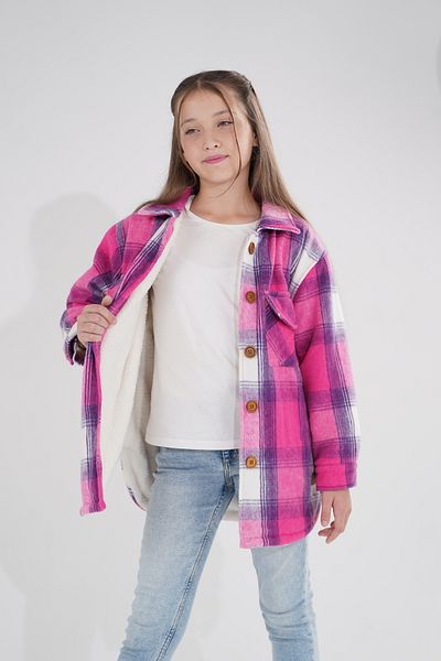 Eray Kids Plaid Patterned Plush Inside Girls' Shirt Collar Buttoned Cardigan
