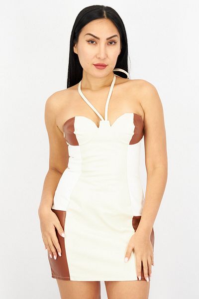 Missyempire Women Halter Neck Colorblock Mini Dress, Beige