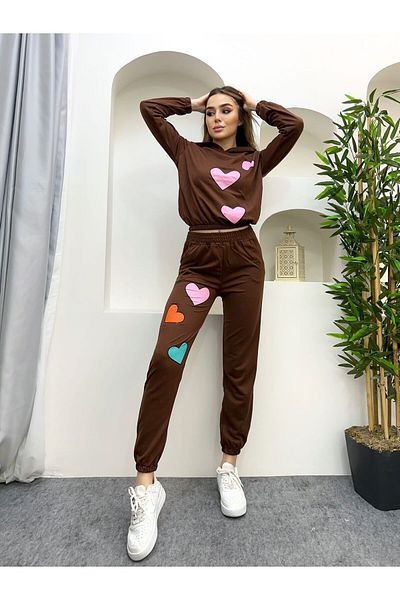 DCL STYLE Heart Printed Hooded Long Sleeve Suit