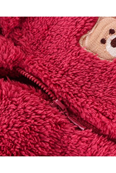 Babyhug - Hooded Front Open Fur Jacket with Bear Patch Detailing - Maroon