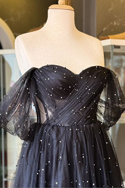 Lenta Moda Siyah İnci Ve Işıldayan Taşlı Midi Boy Drapeli Transparan Abiye ve Gece Elbisesi