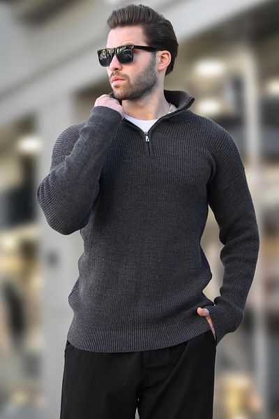 Madmext Anthracite Zipper Collar Knitwear Men's Sweater E7295