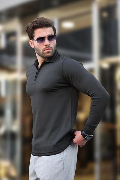 Madmext Anthracite Zipper Collar Stripe Detailed Men's Sweater E7290