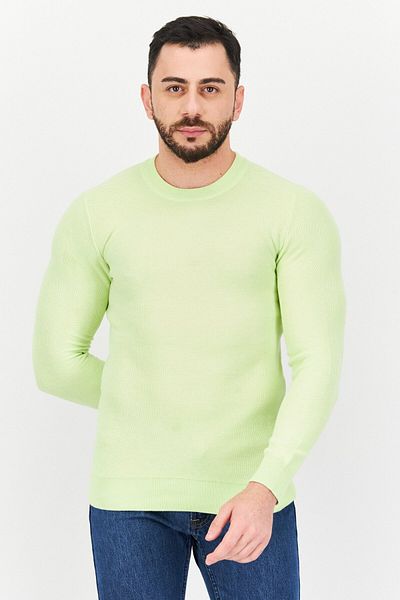 CELIO Men Crew Neck Knitted Long Sleeves Sweater, Lime Green