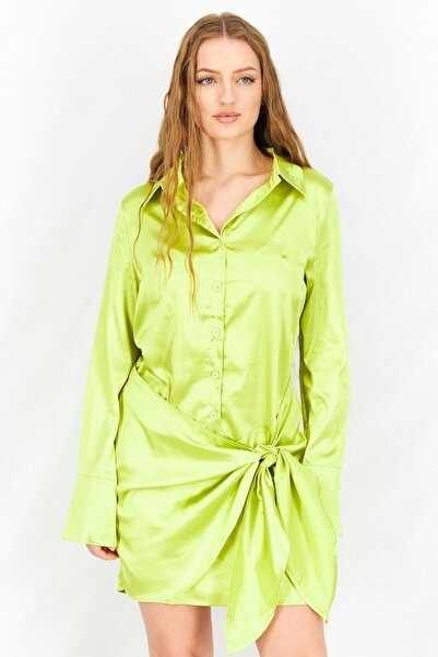Missyempire فستان نسائي من الساتان بتفاصيل قميص، أخضر ليموني