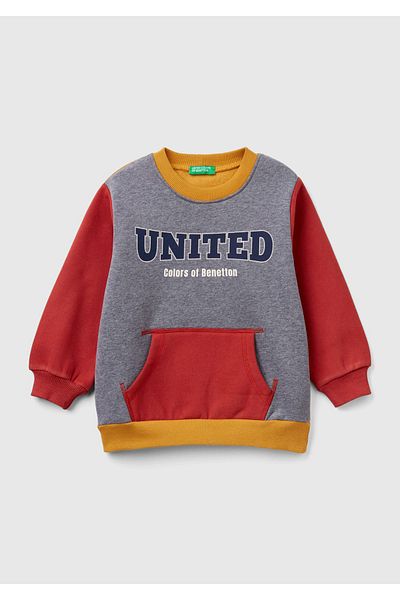 United Colors of Benetton Boy's Anthracite Mix Front Printed Regular Cut Crew Neck Ribbed Sweatshirt