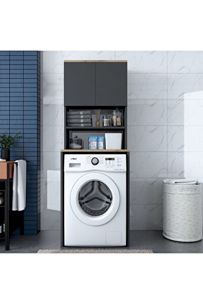 Rani Mobilya Rani Kd101 Çamaşır Makinesi Dolabı 3 Raflı Kapaklı Banyo Dolabı Antrasit - Sepet Ceviz