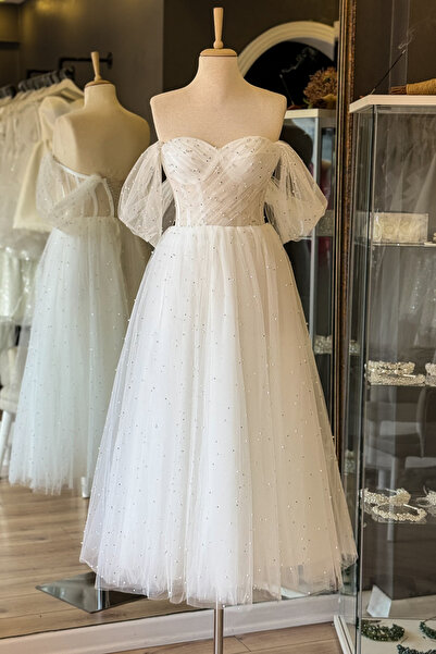 Lenta Moda Beyaz İncili Ve Işıldayan Taşlı Midi Boy Drapeli Transparan Abiye ve Gece Elbisesi