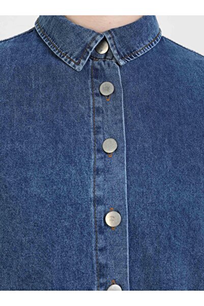 Benin Geniş Manşetli Kot Gömlek - Mavi -