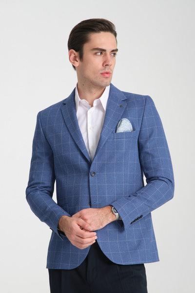 Frappoli Paride Erkek Mavi Ekose Slim Fit Mono Yaka Spor Blazer Ceket