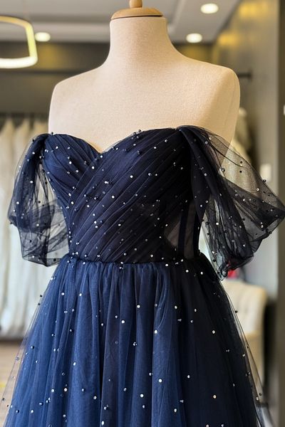 Lenta Moda Navy Midi Evening Dress - Pearls and Rhinestones Draped, Sheer Evening Gown