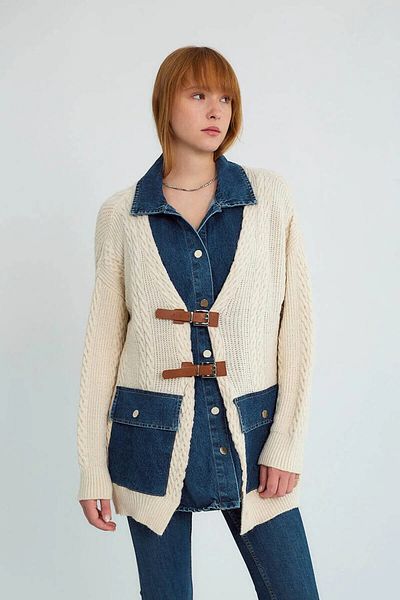 Robin Denim Jeans Detailed Belted Knitwear Cardigan