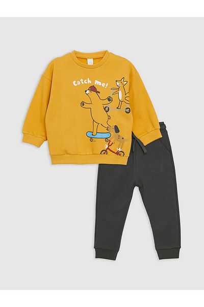 LC Waikiki Lcw Baby Yellow Crew Neck Long Sleeve Printed Baby Boy Sweatshirt and Pants 2-Piece Set