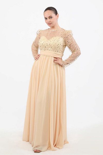 Aperla Βραδινό φόρεμα Princess Chiffon με μακρυμάνικο λαιμόκοψη με χάντρες