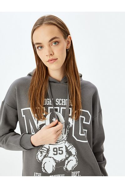 Koton Raster College Printed Hooded Long Sleeve Sweatshirt