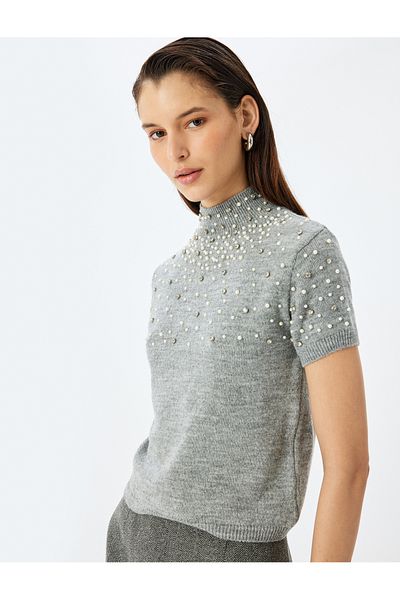 Koton X Melis Ağazat - Stand Collar Short Sleeve Stone Knitwear Sweater