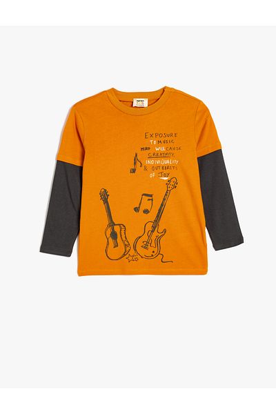 Koton Cotton Long Sleeve Guitar Printed Crew Neck T-Shirt