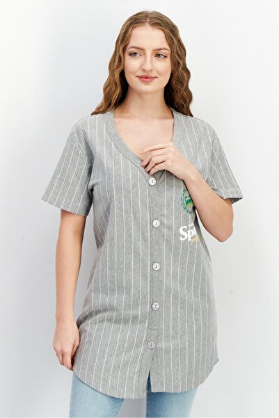 Coca-Cola Women V-Neck Short Sleeve Stripe Tunic Top, Grey