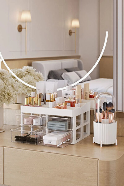 Pufwin Home مجوهرات ألفا للمكياج - منظم فرش الحمام ومستحضرات التجميل، طقم منظم شفاف متعدد الأغراض مكون من قطعتين