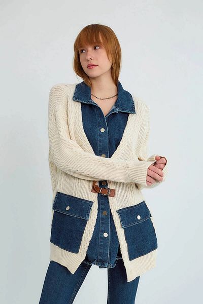 Robin Denim Jeans Detailed Belted Knitwear Cardigan