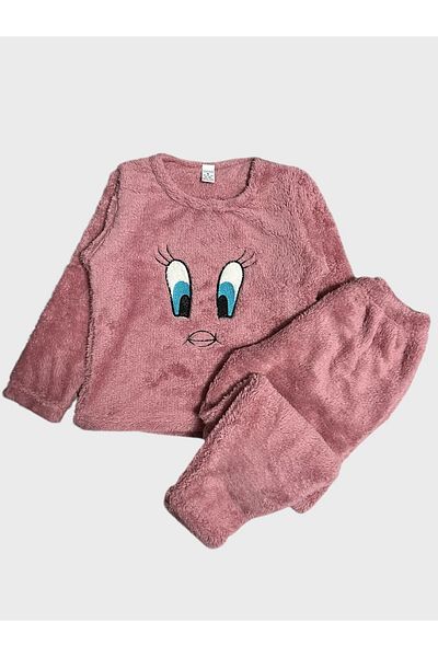 Fil Kids Girl's Pink Tweety Print Long Sleeve Winter Fleece Pajamas Set