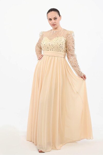 Aperla Βραδινό φόρεμα Princess Chiffon με μακρυμάνικο λαιμόκοψη με χάντρες