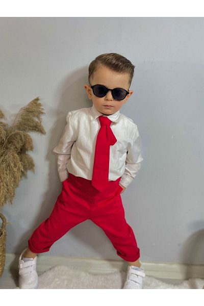 favorimkids Striped Suit with Red Tie (Pants, Shirt, Tie) 3-Piece Set