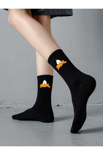 LİASSHOES Черни детски чорапи до коляното с щампа на патица