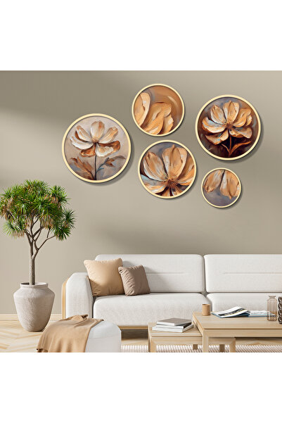 Zevahir Mobilya Dekorasyon Yuvarlak Ahşap Çerçeveli Kahve Tonlarında Soyut Çi...