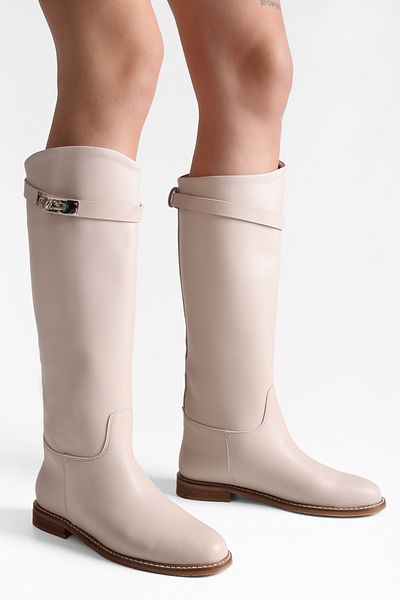 Shoeberry Women's Larissa Beige Leather Buckled Riding Boots Beige Leather