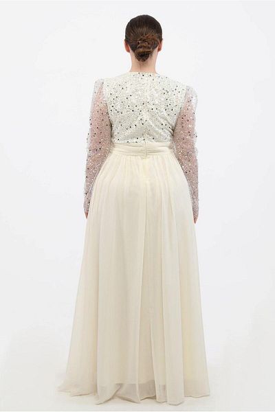 Aperla Beading Embroidered Crew Neck Long Sleeves Lining Inside Princess Chiffon Evening Dress