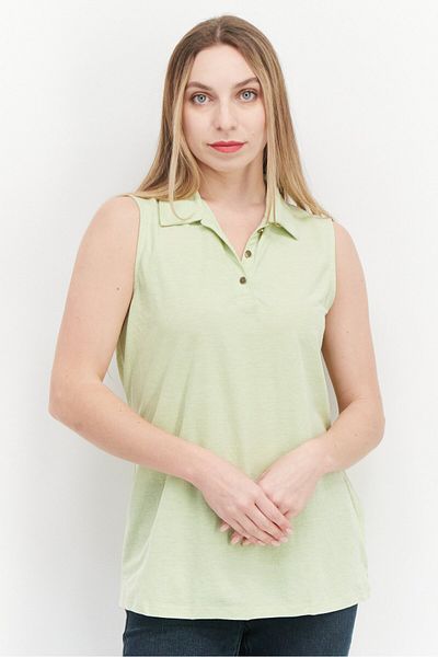 Jones of New York Women Spread Collar Sleeveless Solid Plain Top, Light Green