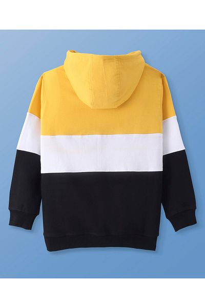 Pine kids Cotton Knit Full Sleeves Hooded Sweatshirt With Color Block &Text Print-Yellow/Black/White