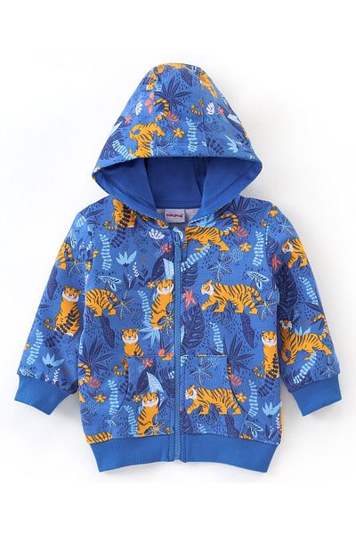 Babyhug Cotton Full Sleeves Hooded Sweat Jacket Tiger Print-  Blue