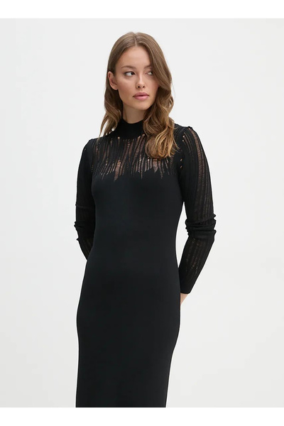Sisley Crew Neck Black Long Women's Dress 1Mnpmv00S