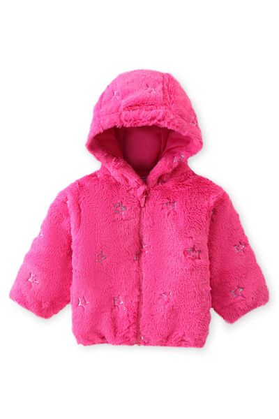 Babyhug - Woven Full Sleeves Hooded Fur Jacket with Star Print - Hot Pink
