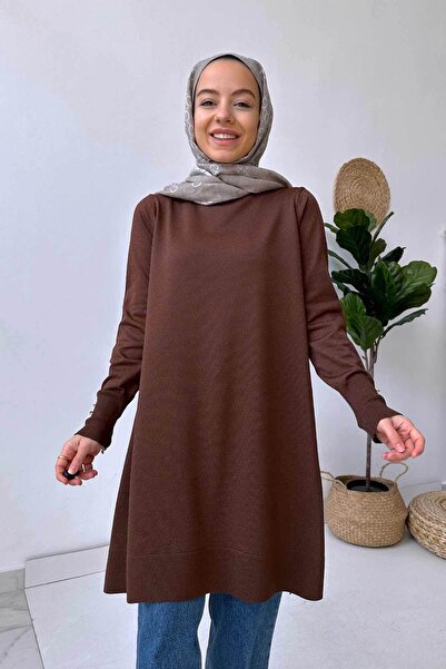 Ka Hijab A Form Işıltılı Merserize Tesettür Tunik - Kahverengi