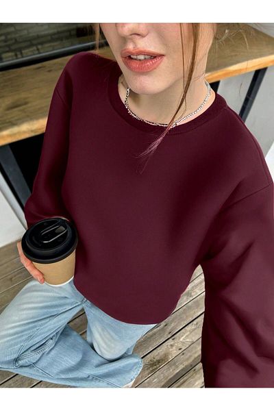 trendgar Burgundy Duz Crew Neck Unisex Sweatshirt