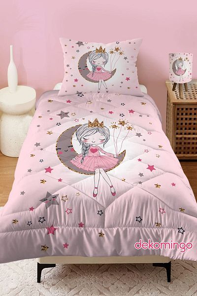 dekomingo PINK MOON PRINCESS PATTERNED QUILTED CHILDREN'S QUILT AND PILLOW CASE