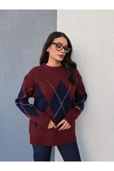 ESRAHELVACI Burgundy Navy Blue Diamond Patterned Sweater