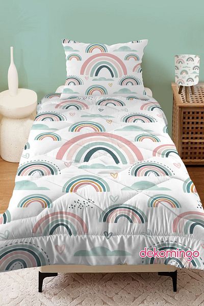 dekomingo Baby Blue Pink Rainbow Patterned Quilted Children's Quilt and Pillow Case
